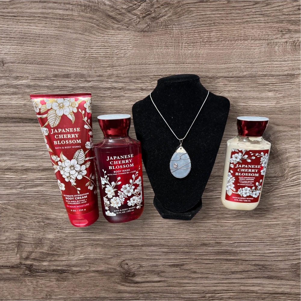 Japanese Cherry Blossom Gift Set | Blue Stone Wire Wrapped Necklace
